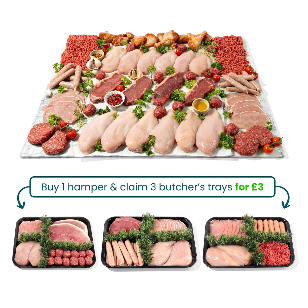 Your hamper + 3 butchers trays for £3