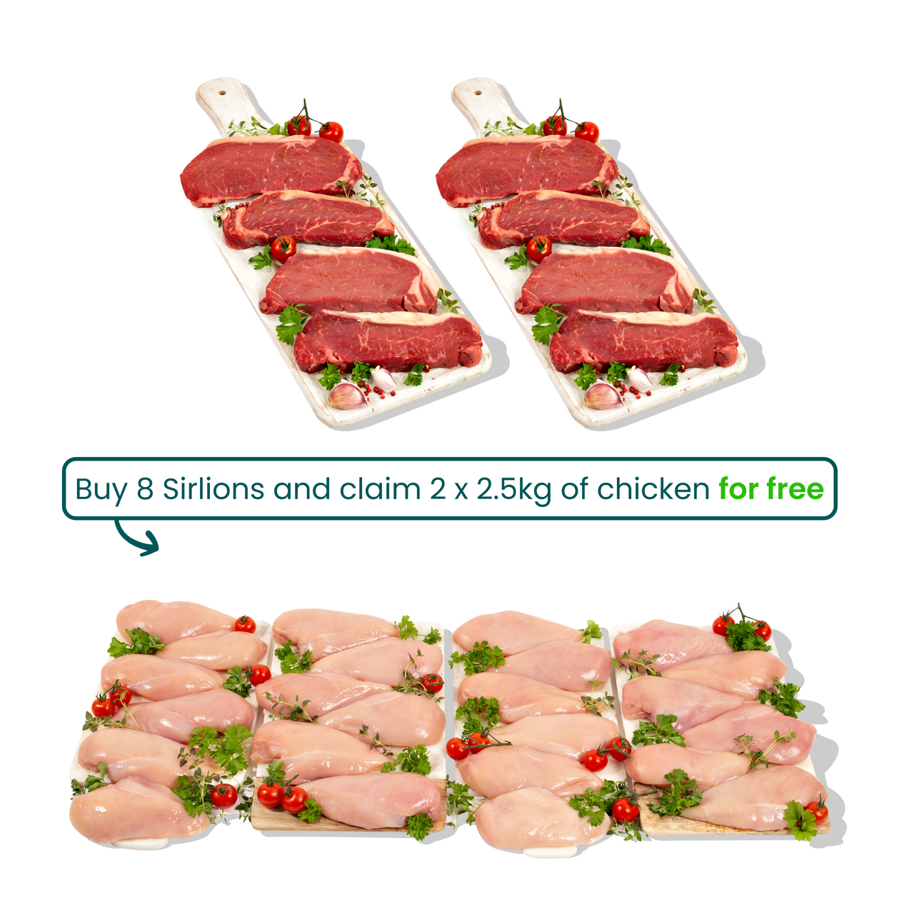 8 x Uruguayan sirloin steaks + 5kg chicken breasts FREE